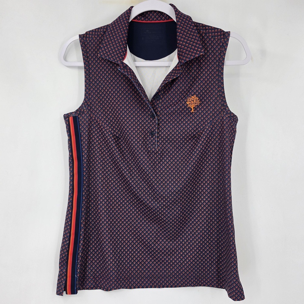 Peter Millar Polo Shirt Blue Geometric Print Sleeveless Golf Women's Small